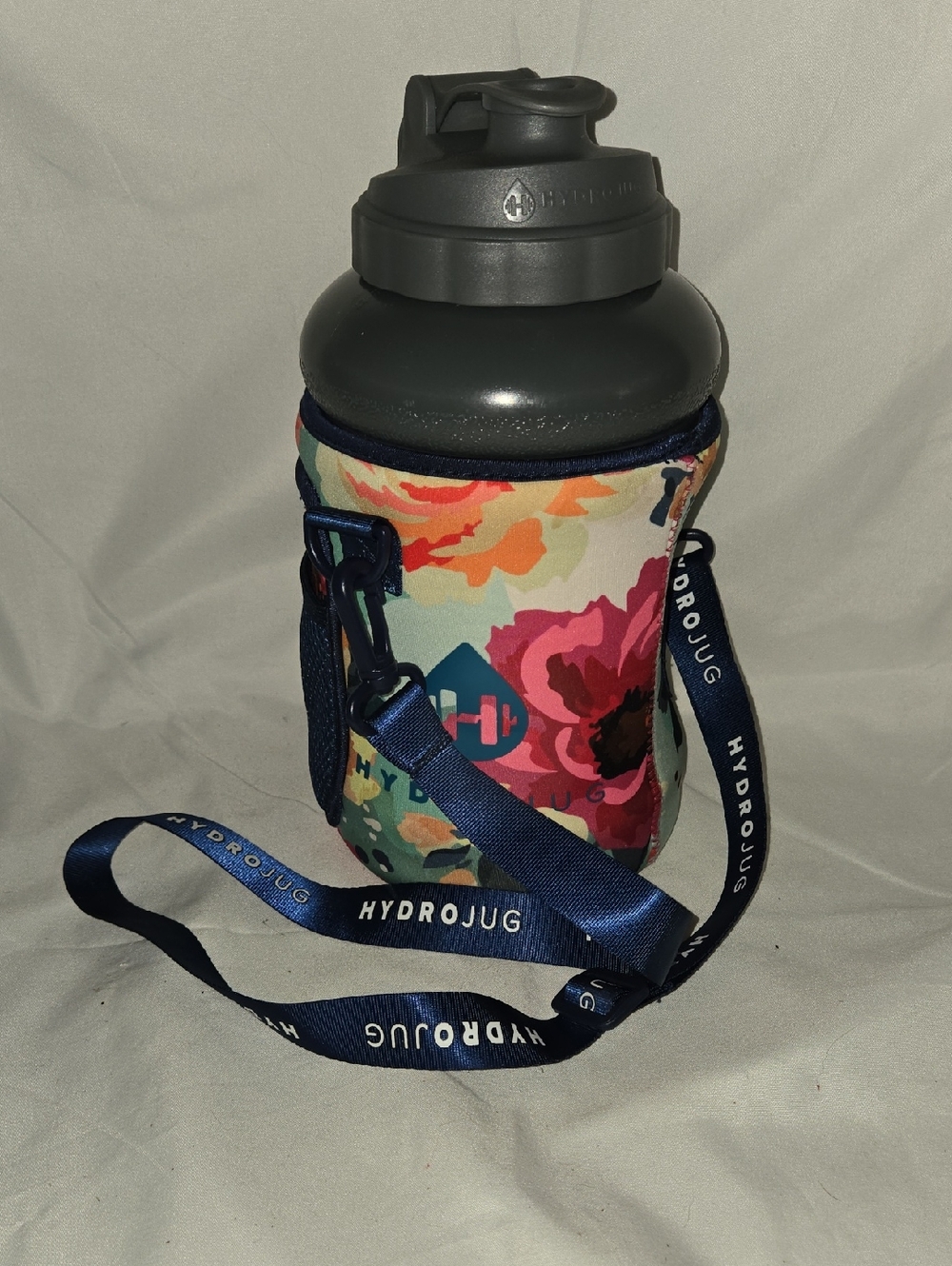 HydroJug Floral Neoprene Sleeve with Navy Strap and Charcoal Lid